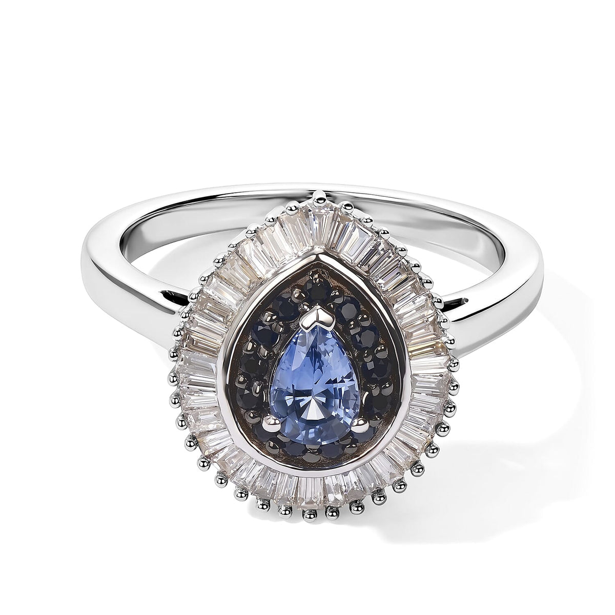D''Joy Premium Ceylon Blue Sapphire and Blue Sapphire, White Diamond (0.35 cts) Ring in Rhodium Over Sterling Silver (Size 10.0) 1.10 ctw