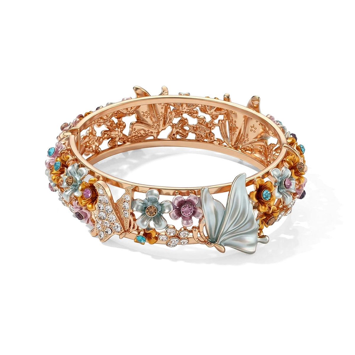 Fuchsia and White Austrian Crystal, Enameled Stretch Bracelet (7.0 In)