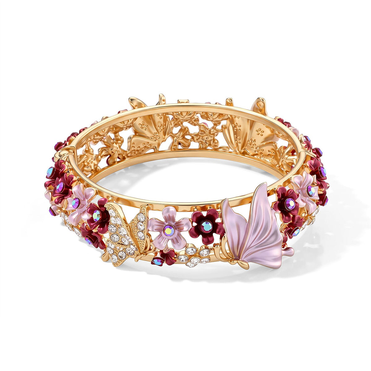 Fuchsia and White Austrian Crystal, Enameled Stretch Bracelet (7.0 In)