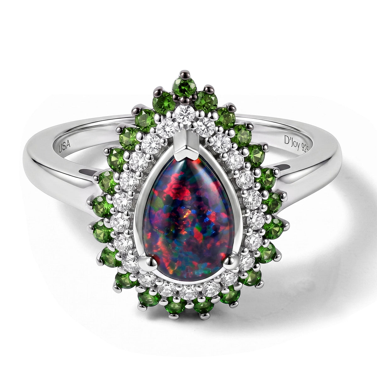 D''Joy Premium Australian Black Ridge Opal Triplet, Multi Gemstone Celestial Splendor Ring in Rhodium Over Sterling Silver (Size 10.0) (Ships in 10-12 Days) 1.65 ctw