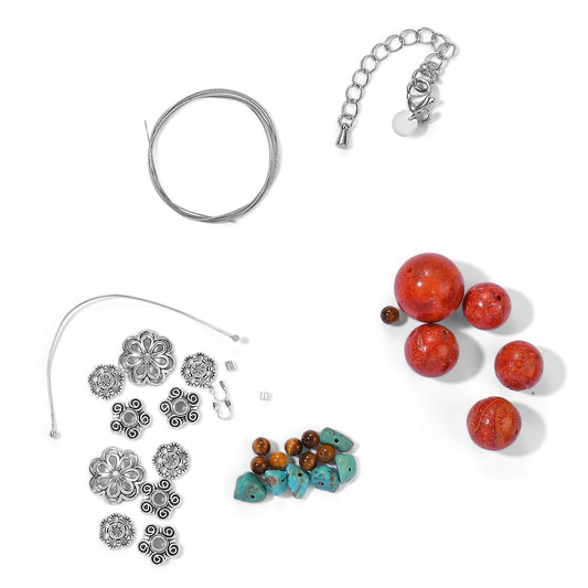 GCS Sponge Coral, Tigers Eye and Turquoise Necklace Kit 24.30 ctw