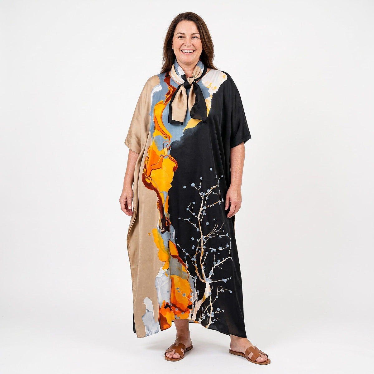 La Marey Black Long Kaftan with Scarf Set - One Size Fits Most