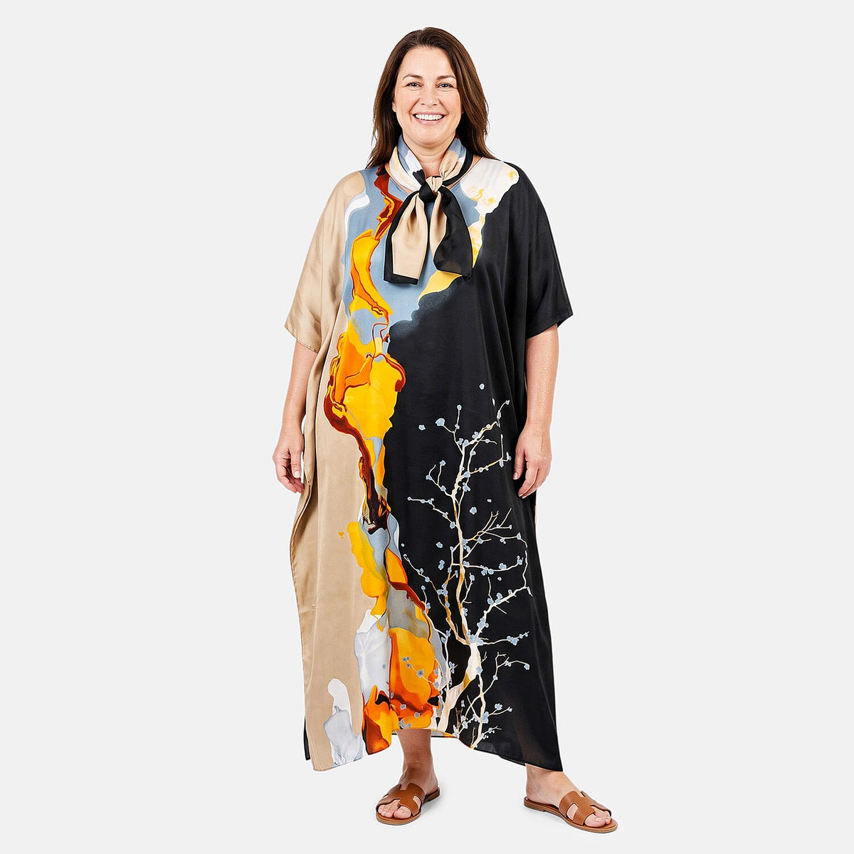 La Marey Black Long Kaftan with Scarf Set - One Size Fits Most