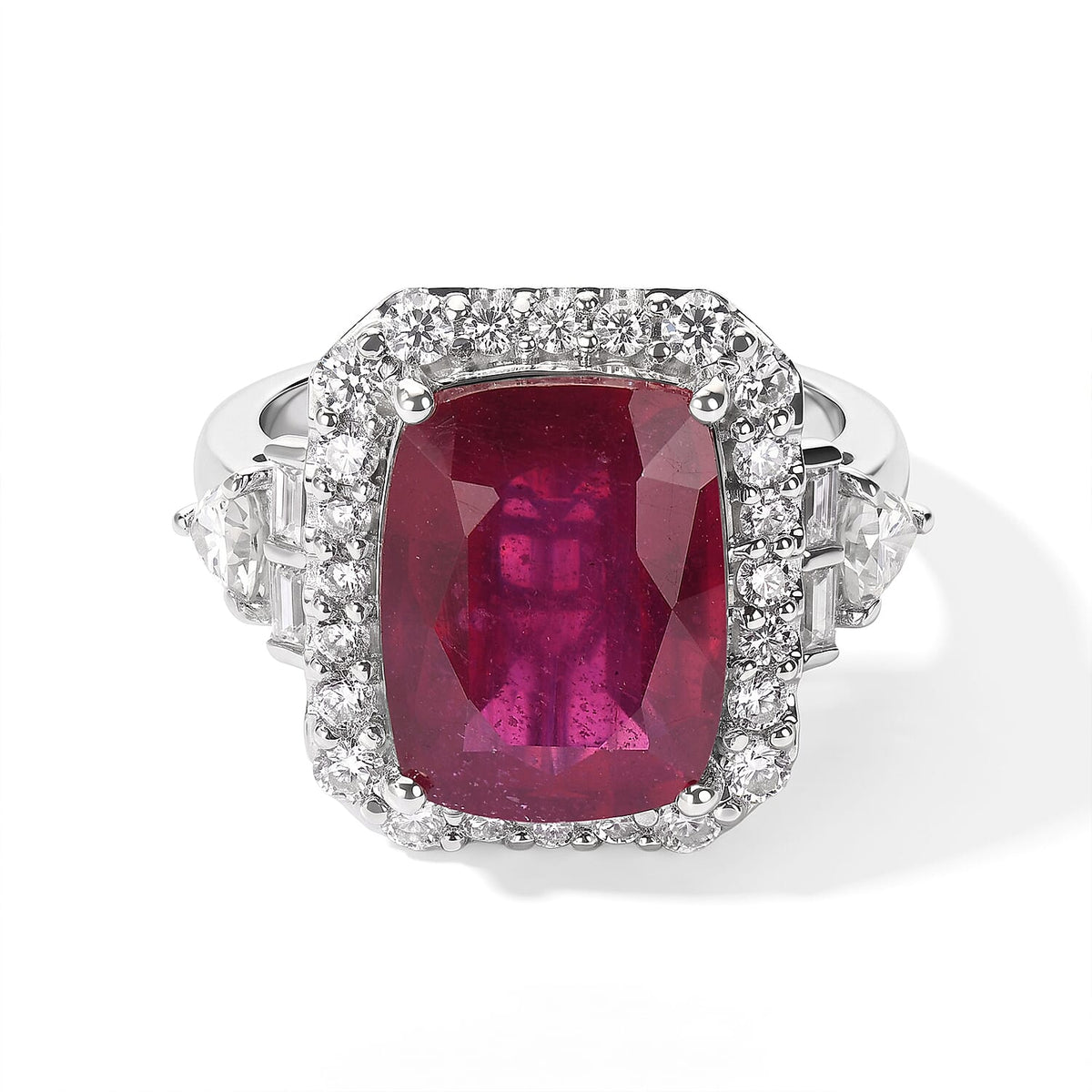 Certified & Appraised D''Joy Premium Niassa Ruby (FF), Moissanite Ring in Rhodium Over Sterling Silver (Size 10.0) 10.00 ctw