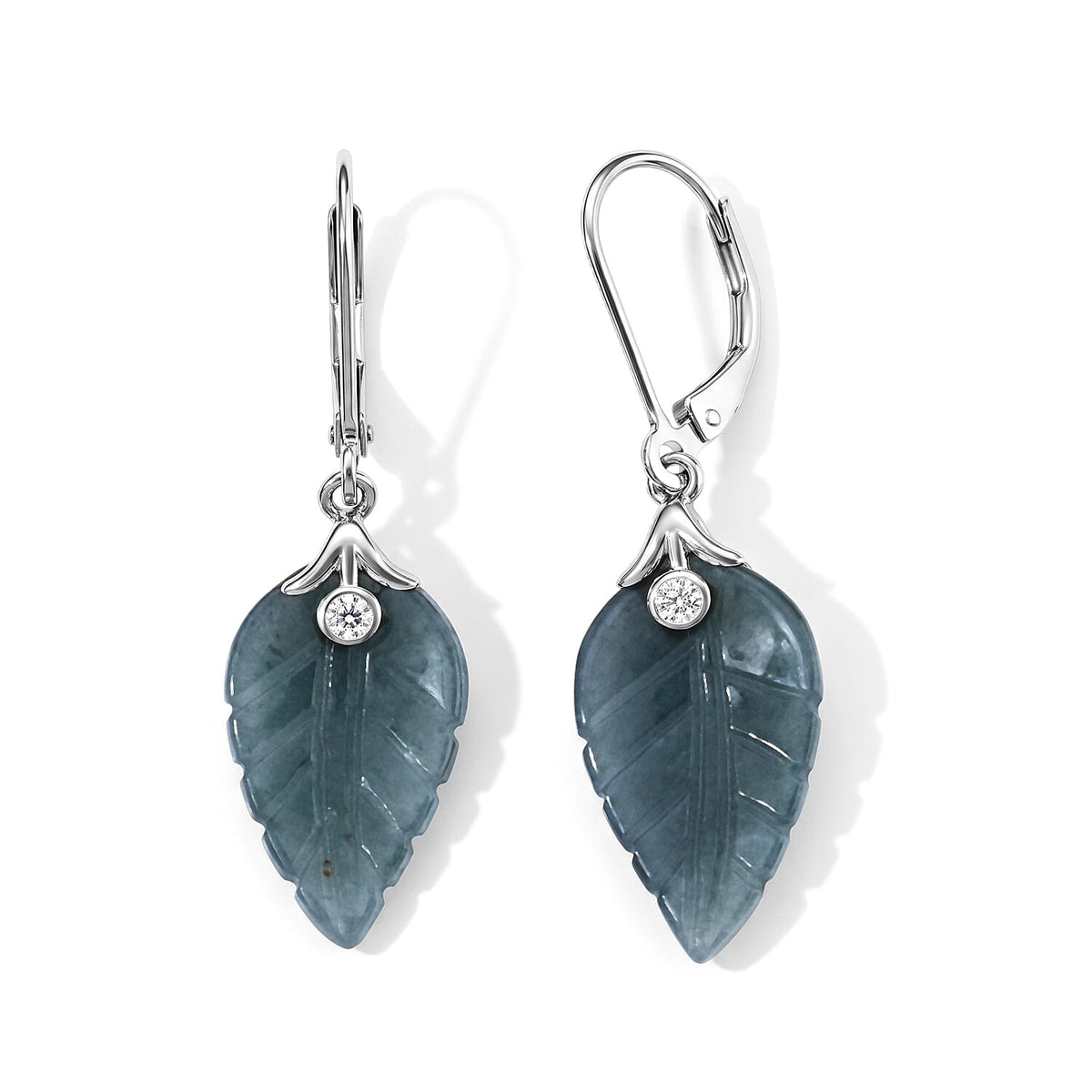 D''Joy Natural Olmec Jadeite, Moissanite Carved Leaf Earrings in Rhodium Over Sterling Silver 10.10 ctw