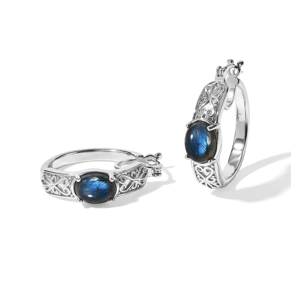 EverTrue AAA Malagasy Labradorite Hoop Earrings in Platinum Bond (Ships in 10-12 Days) 4.50 ctw