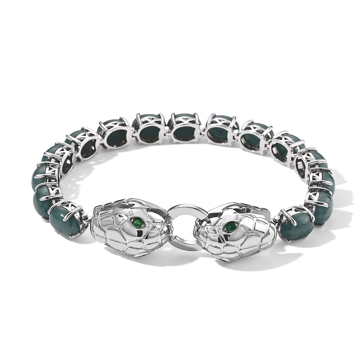 EverTrue Natural Olmec Jadeite and Chrome Diopside 29.75 ctw Dragon Head Bracelet in Platinum Bond (6.50 In)