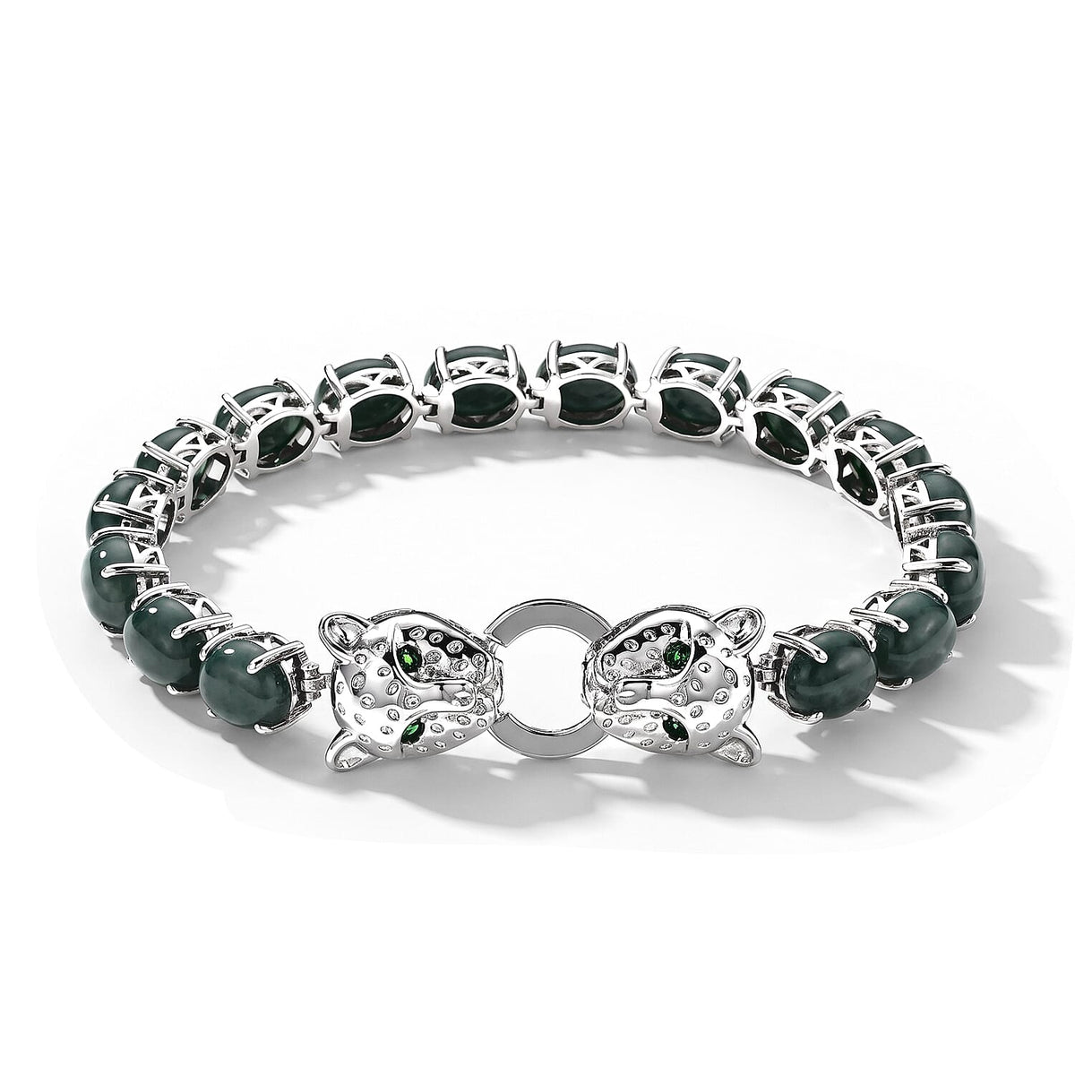 EverTrue Natural Olmec Jadeite and Chrome Diopside 29.75 ctw Dragon Head Bracelet in Platinum Bond (6.50 In)