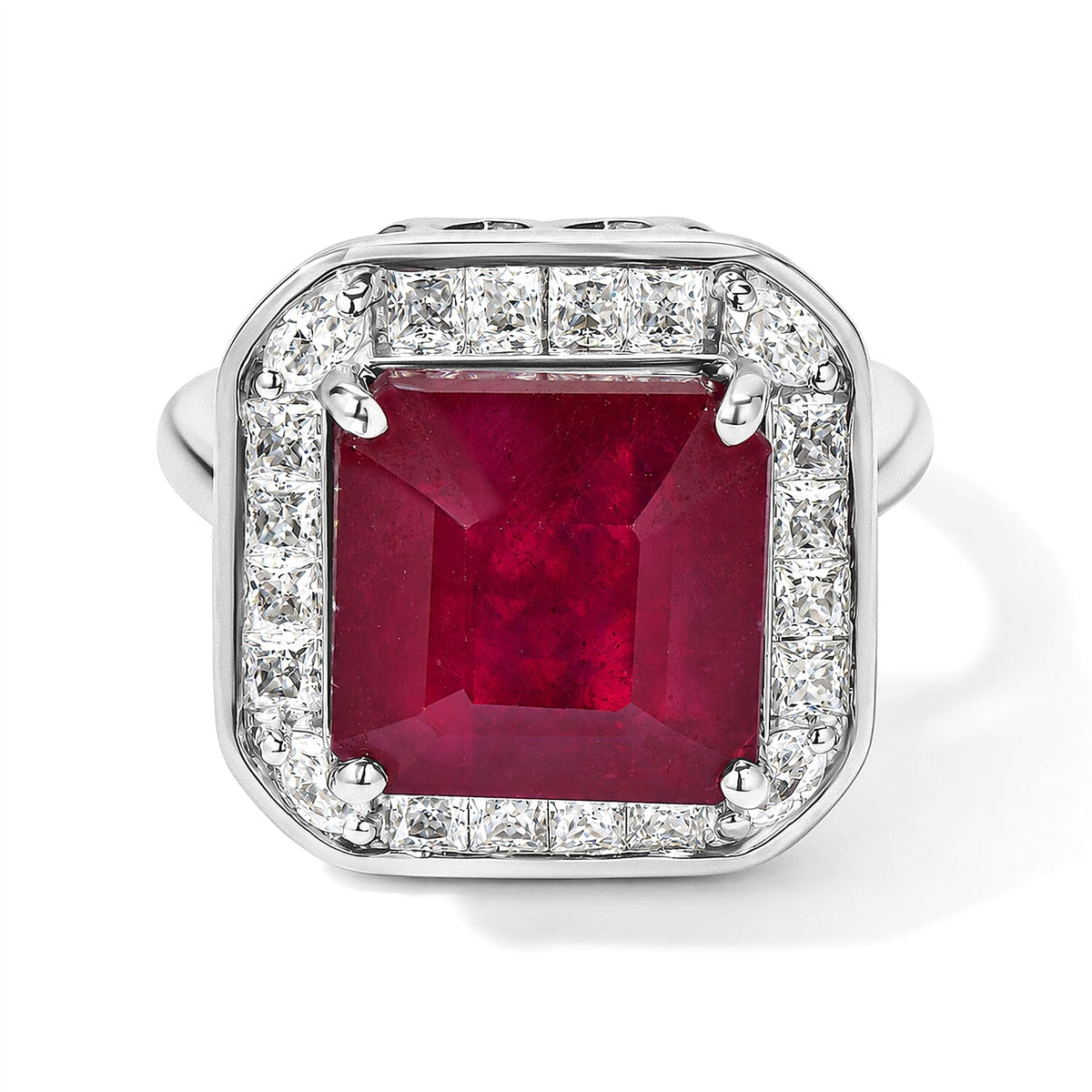Certified and Appraised D''Joy Asscher Cut Premium Niassa Ruby (FF), Moissanite Ring in Rhodium Over Sterling Silver (Size 10.0) 10.00 ctw