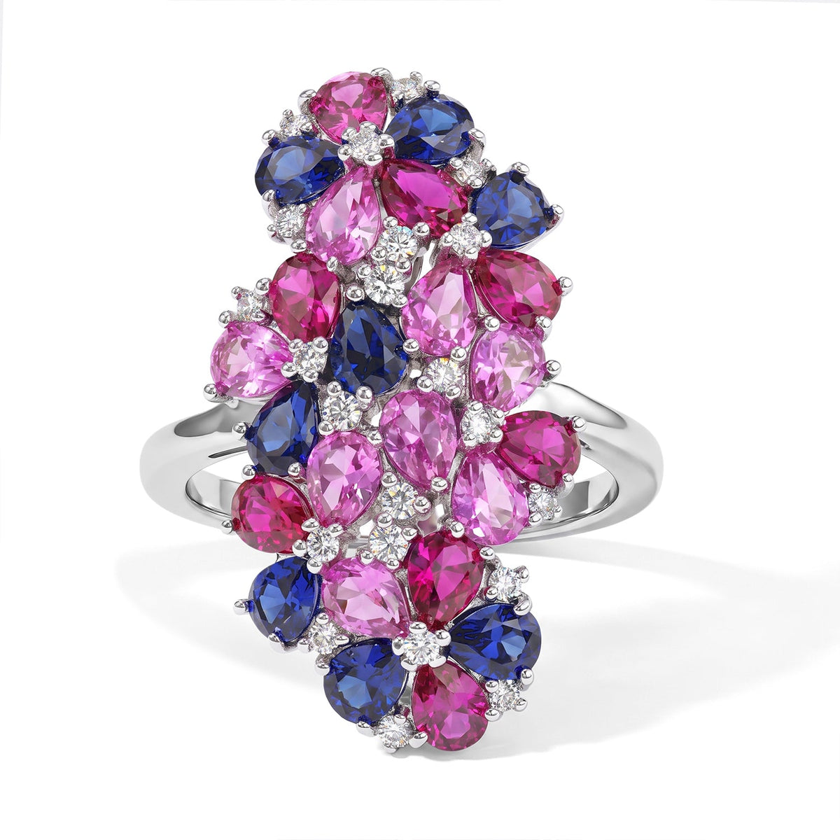 EverTrue Lab Created Multi Sapphire, White Zircon Prismatic Bloom Ring in Platinum Bond (Size 5.0) 4.50 ctw