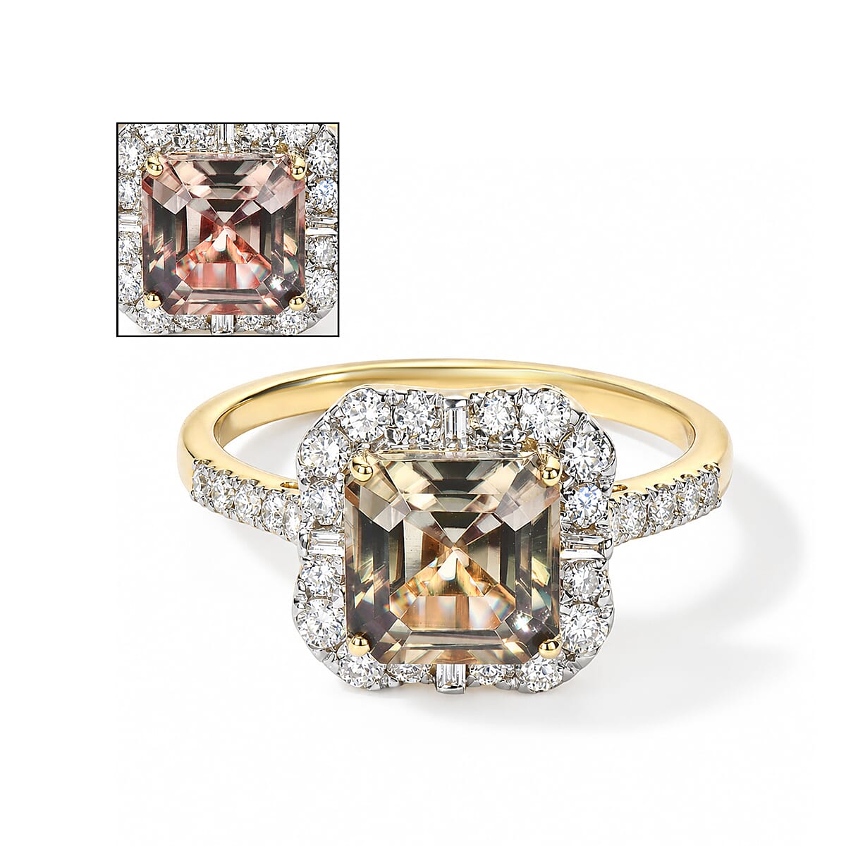Certified and Appraised Asscher Cut AAA Turkizite and Luxuriant Lab Grown Diamond G-H SI 3.65 ctw Ring in 10K Yellow Gold (Size 10.0)