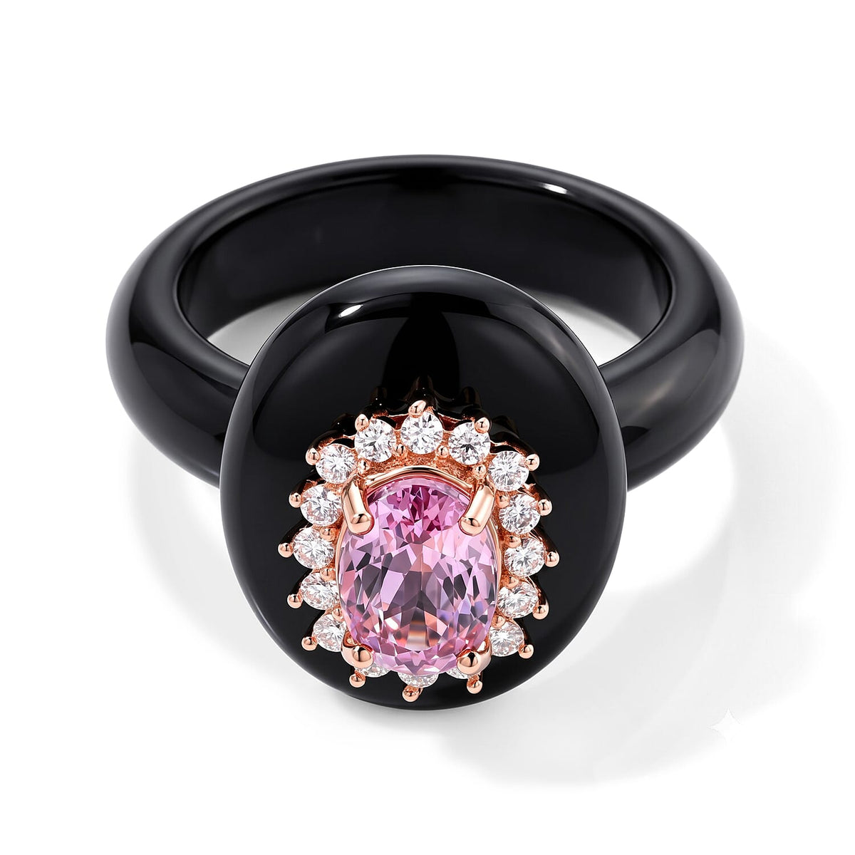 D''Joy Premium Martha Rocha Kunzite, Moissanite and Black Jade Ring in Vermeil RG Over Sterling Silver (Size 10.0) 25.65 ctw