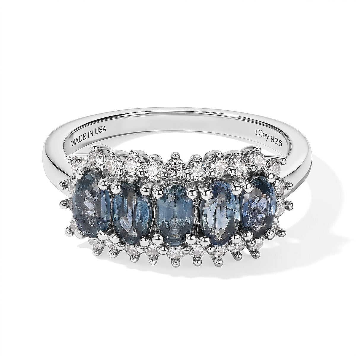 D''Joy Montana Sapphire, Moissanite Rockies Panorama Ring in Rhodium Over Sterling Silver (Size 10.0) 1.90 ctw