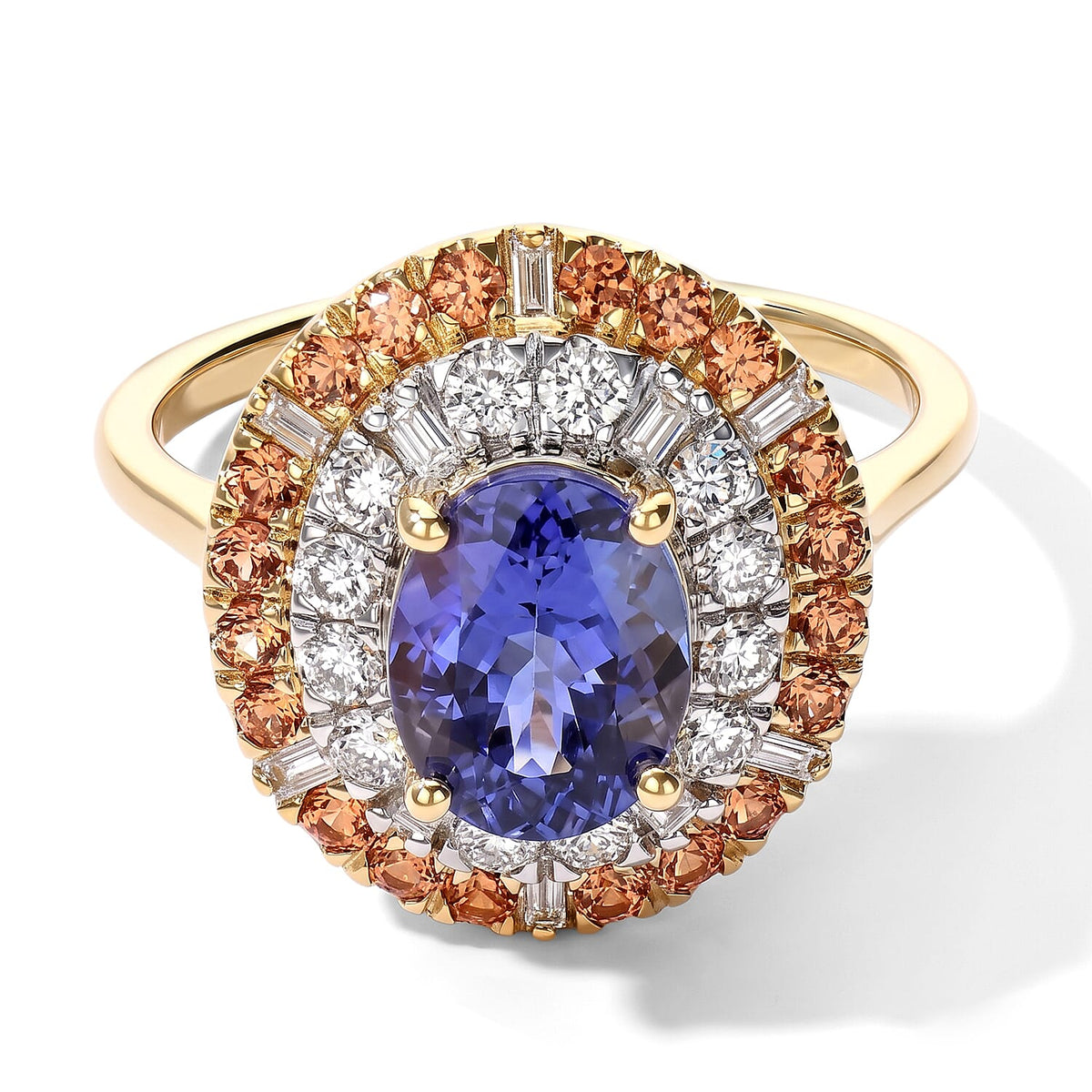 Luxuriant 10K Yellow Gold AAA Tanzanite , Padparadscha Sapphire , Lab Grown Diamond GH, SI Main Stone With Surrounding Stone Ring , Gold Wt. 3 g 3.49 ctw