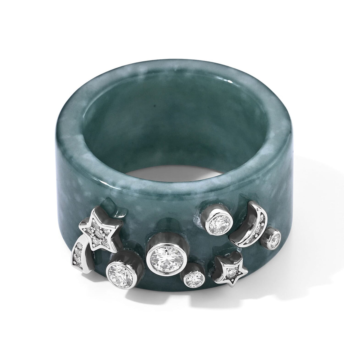 D''Joy Natural Olmec Jadeite and Moissanite 34.40 ctw Moon and Stars Ring in Rhodium Over Sterling Silver (Size 7.0)