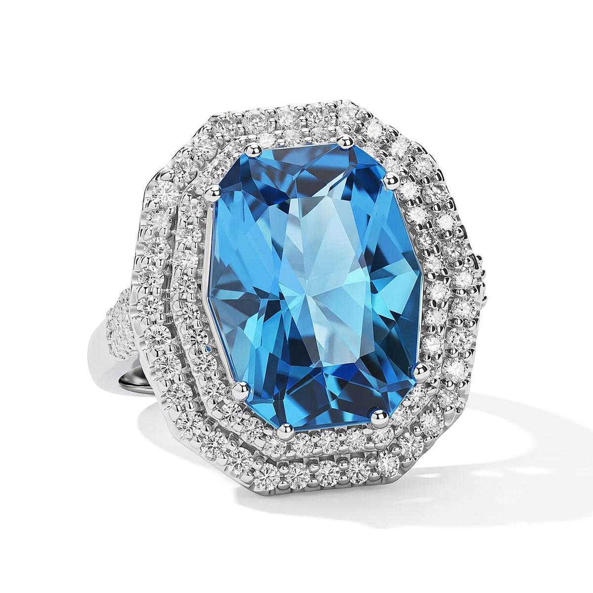 Certified and Appraised D''Joy Premium Swiss Blue Topaz, Moissanite Ring in Rhodium Over Sterling Silver (Size 10.0) 12.05 ctw