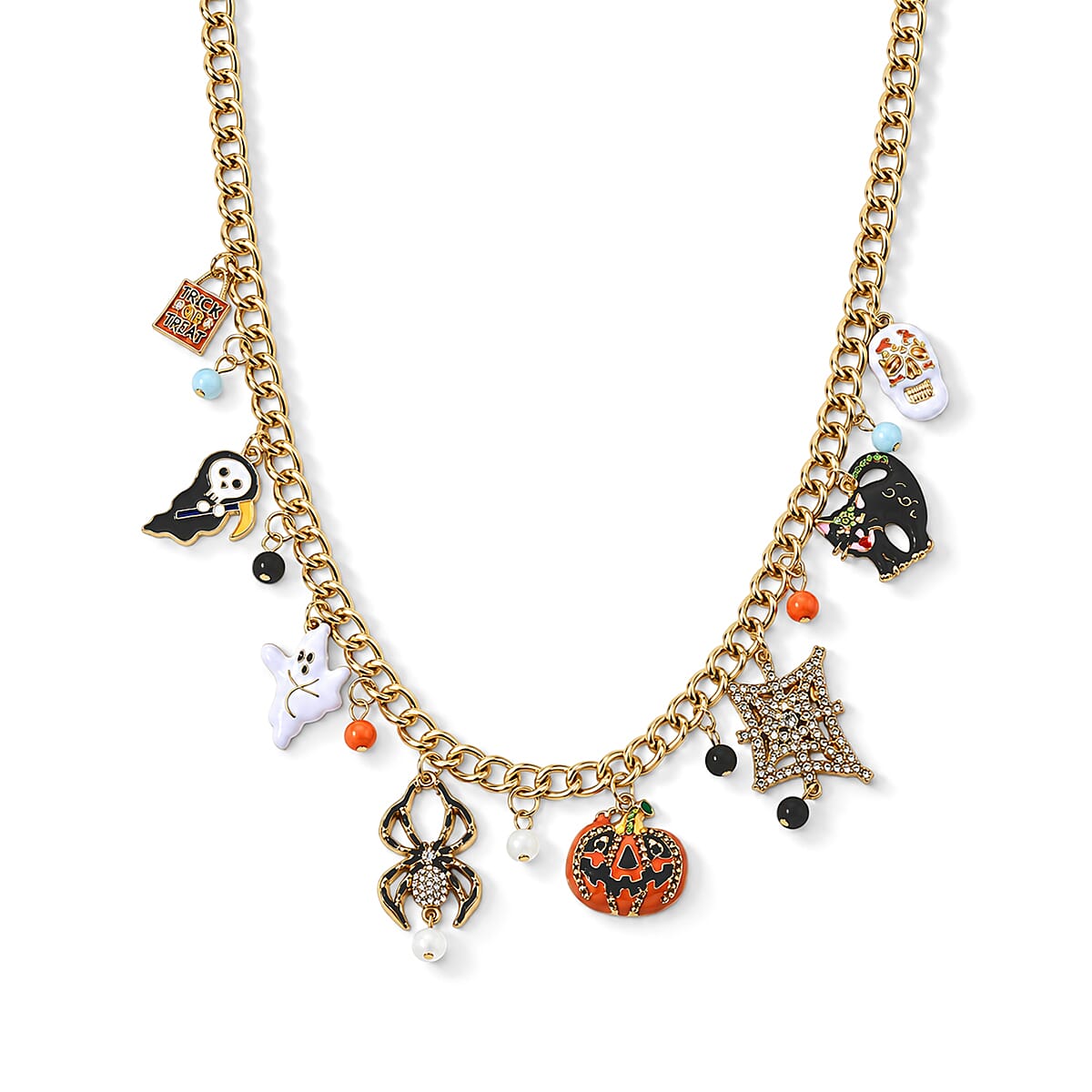 Multi Color Austrian Crystal and Multi Glass Enameled Charm Necklace in Silvertone 20 -22 Inches