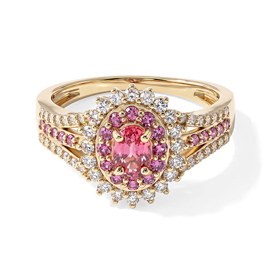 10K Yellow Gold AAA Padparadscha Sapphire (BT),Luxuriant Lab Grown Pink Diamond (IR) and Lab Grown Diamond (VS) Empress Diadem Ring (Size 6.0) 1.40 ctw