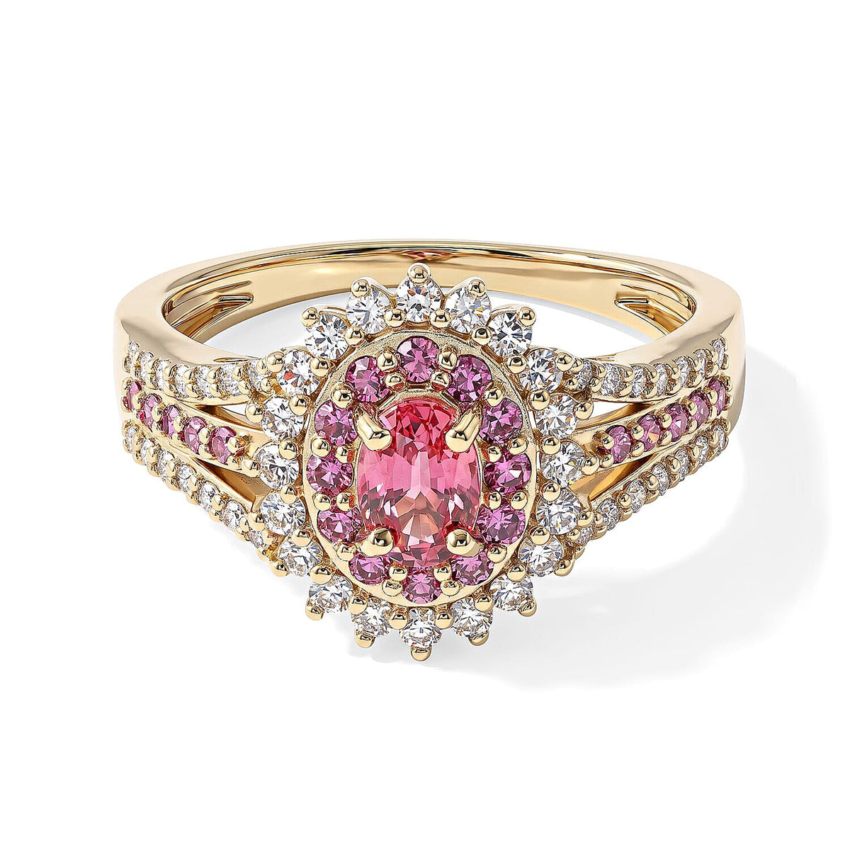 10K Yellow Gold AAA Padparadscha Sapphire (BT),Luxuriant Lab Grown Pink Diamond (IR) and Lab Grown Diamond (VS) Empress Diadem Ring (Size 6.0) 1.40 ctw