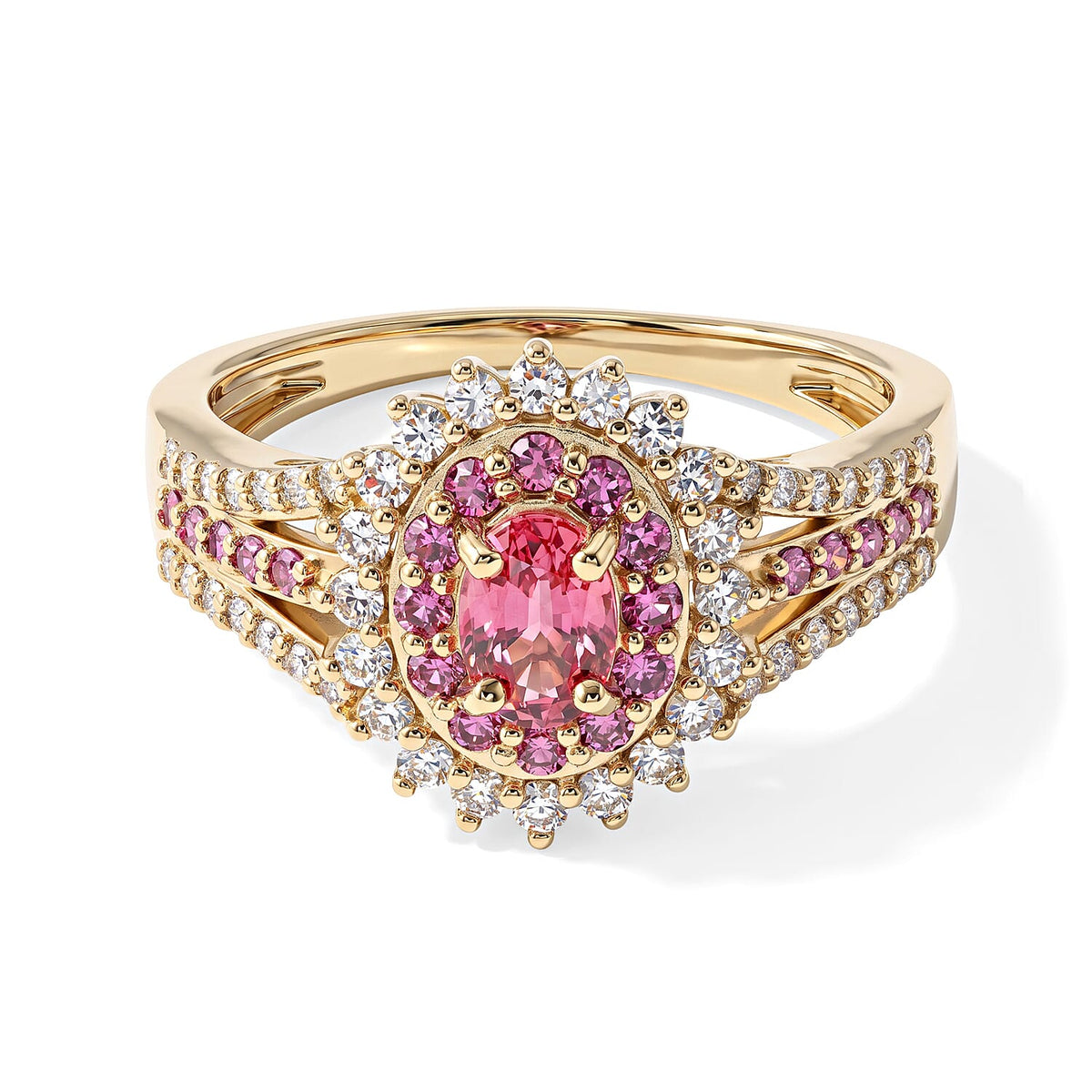 10K Yellow Gold AAA Padparadscha Sapphire (BT),Luxuriant Lab Grown Pink Diamond (IR) and Lab Grown Diamond (VS) Empress Diadem Ring (Size 6.0) 1.40 ctw