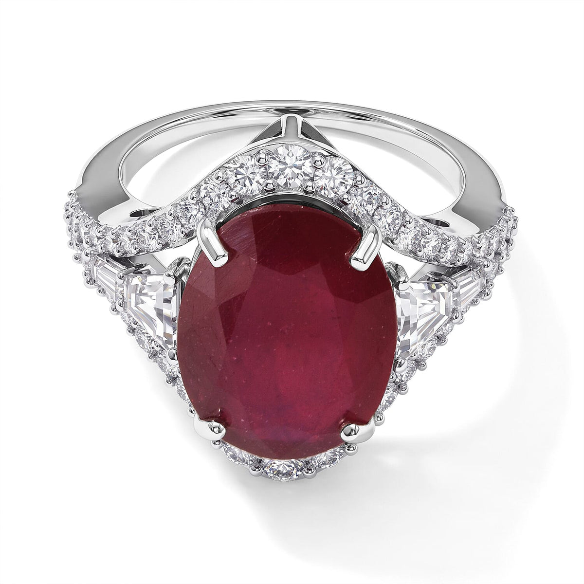 D''Joy Niassa Ruby (FF), Moissanite Ring in Rhodium Over Sterling Silver (Size 10.0) 15.50 ctw