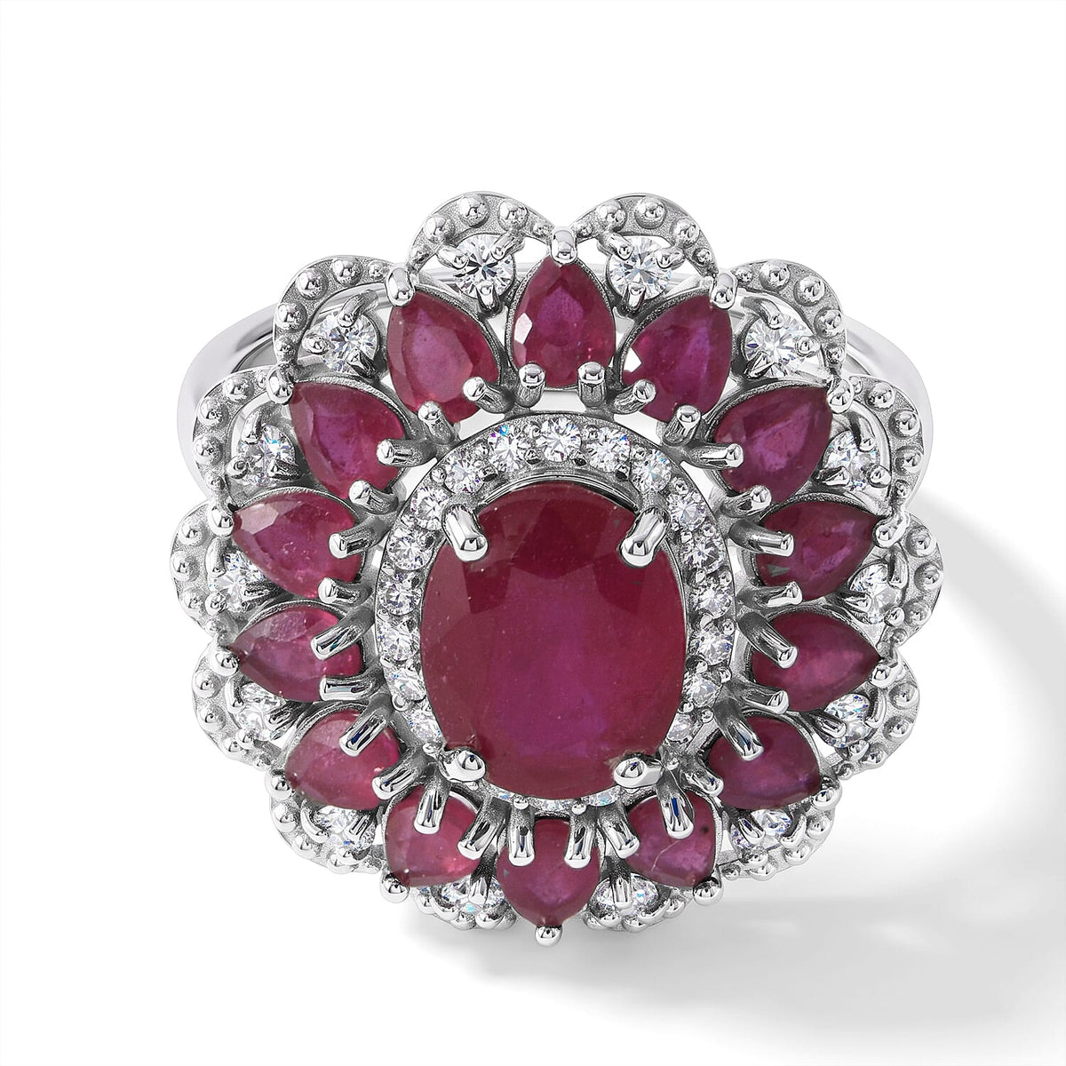 D''Joy Niassa Ruby (FF), Moissanite Ring in Rhodium Over Sterling Silver (Size 10.0) 6.70 ctw