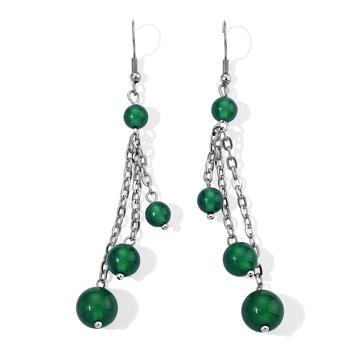 Verde Onyx Three-Line Dangling Earrings in Stainless Steel 18.00 ctw