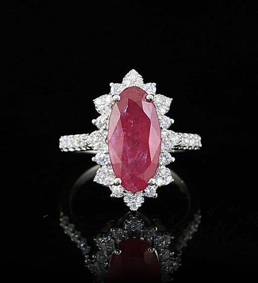 Certified & Appraised D''Joy Premium Niassa Ruby (FF), Moissanite Ring in Rhodium Over Sterling Silver (Size 10.0) 5.60 ctw