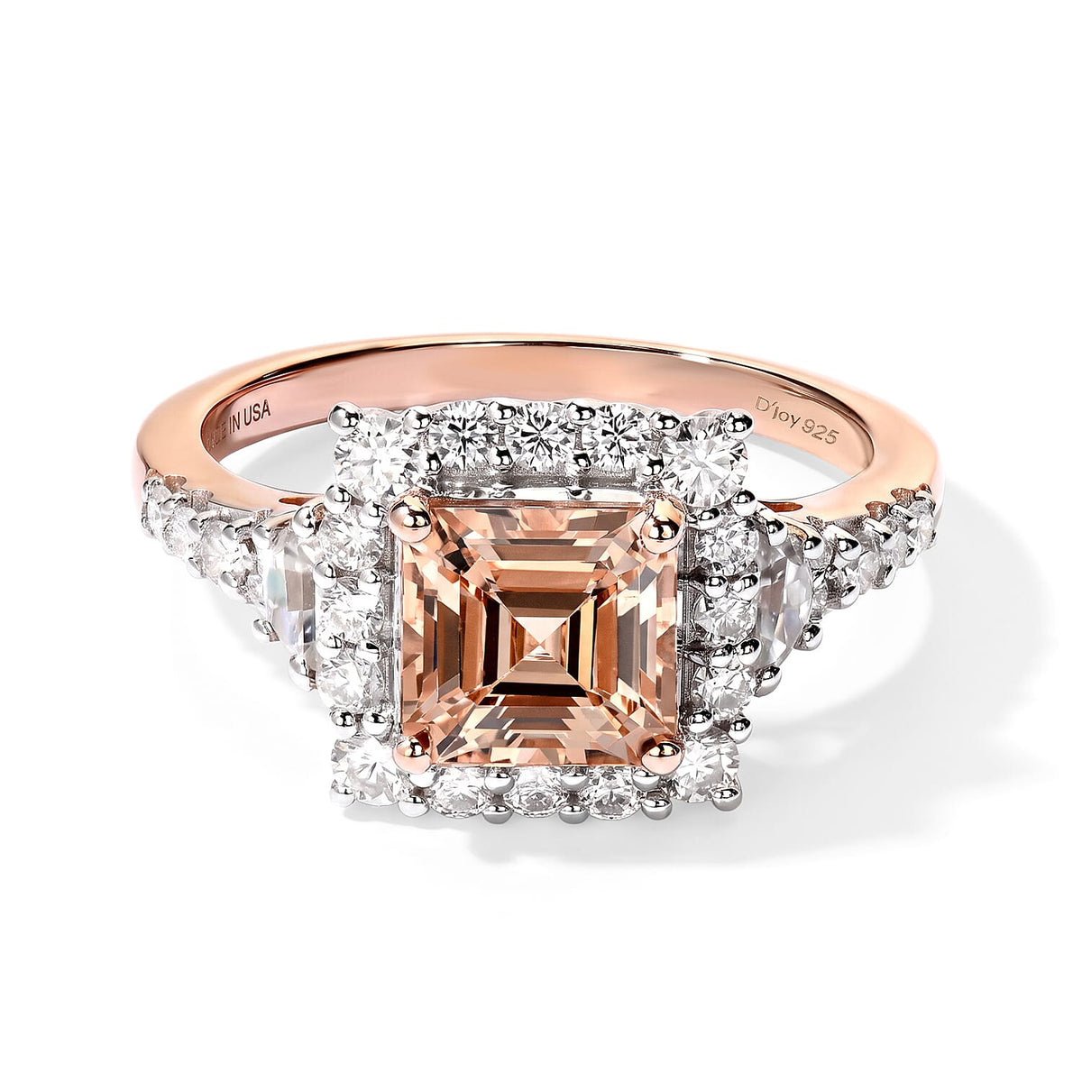 Certified and Appraised D''Joy Premium Asscher Cut Marropino Morganite, Moissanite Ring in 18K Vermeil RG Over Sterling Silver (Size 10.0) 2.60 ctw