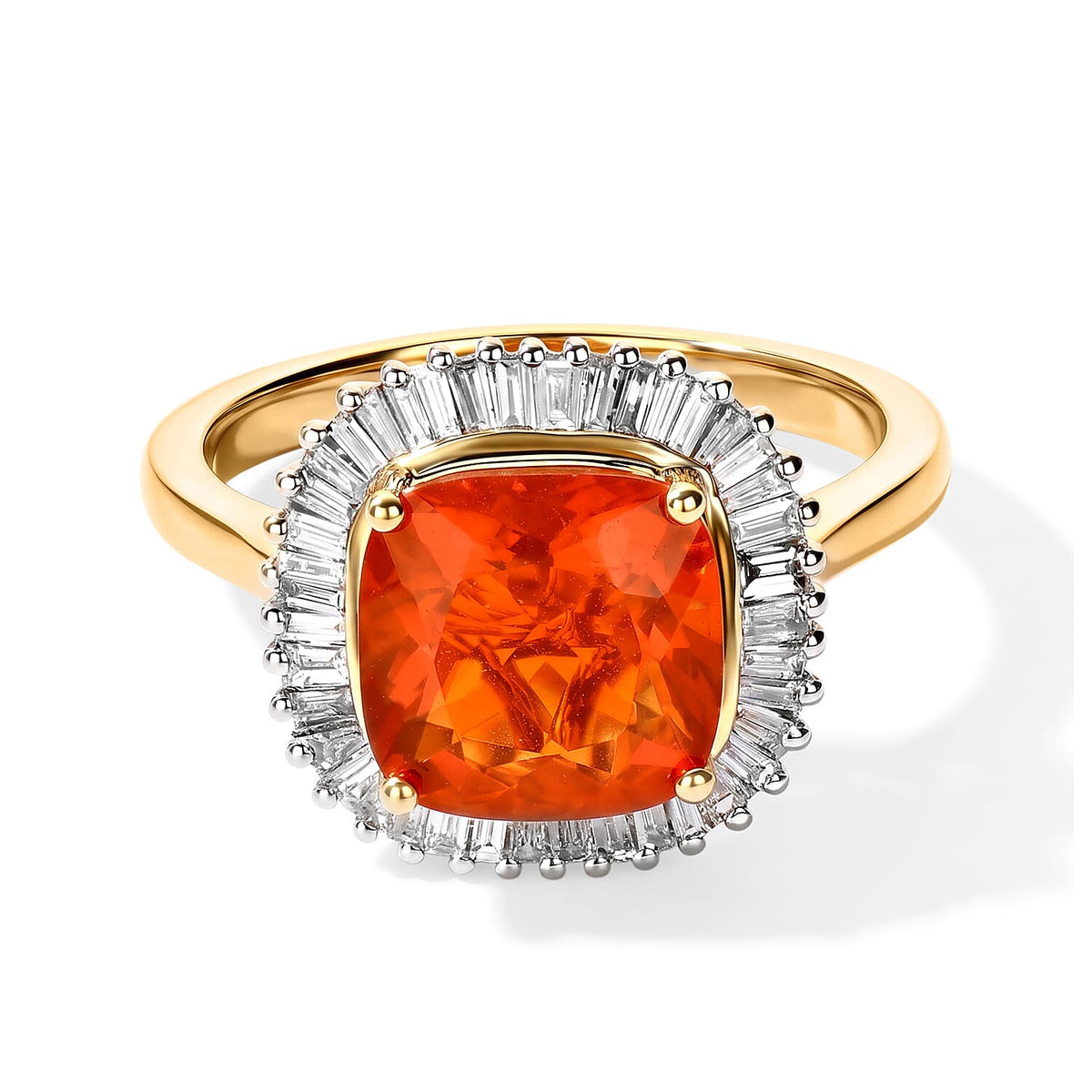 10K Yellow Gold AAA Crimson Fire Opal, Luxuriant Lab Grown Diamond (VS) Ring (Size 10.0) 2.50 ctw