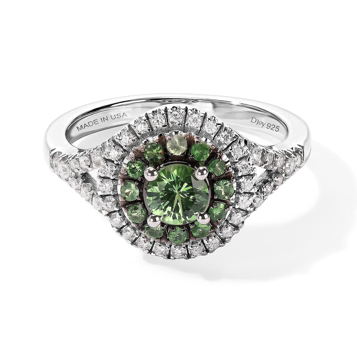 D''Joy Premium Tsavorite Garnet, Moissanite Ring in Rhodium Over Sterling Silver (Size 10.0) 1.00 ctw