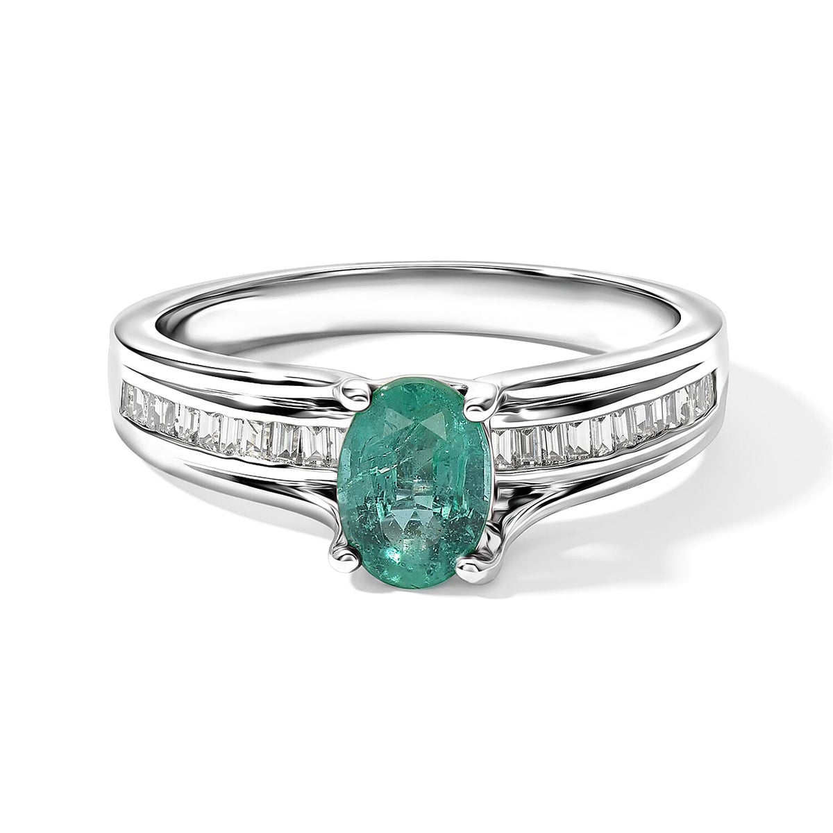 D''Joy Emerald and White Diamond 0.90 ctw Ring in Rhodium Over Sterling Silver (Size 7.0)