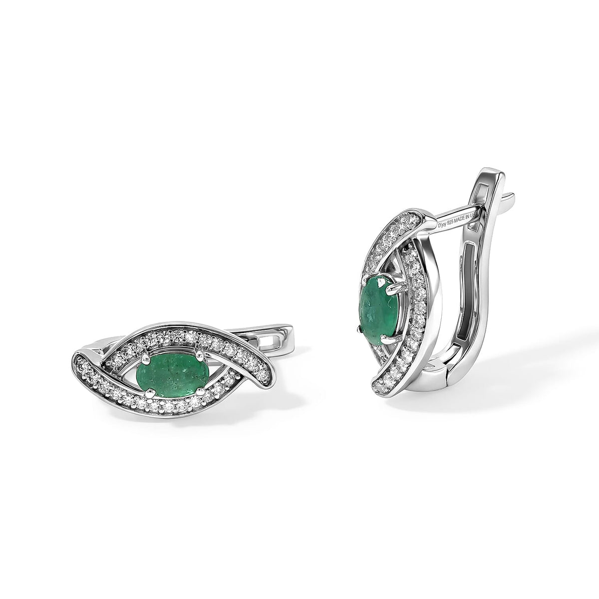 D''Joy Premium Kagem Zambian Emerald and White Zircon 0.75 ctw Earrings in Rhodium Over Sterling Silver