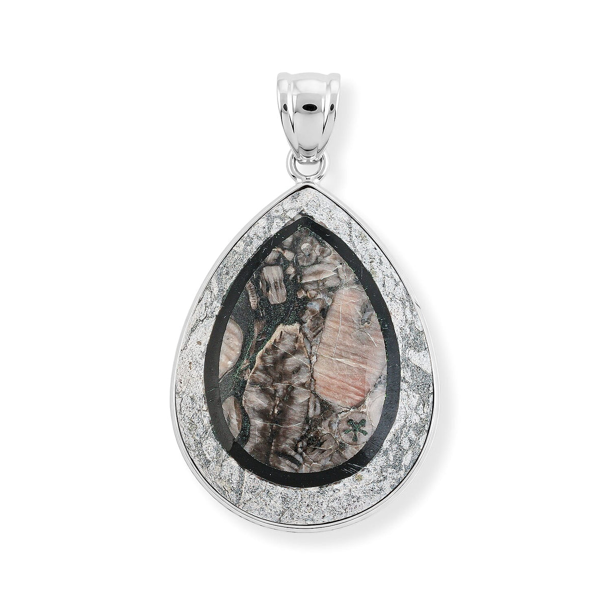 Crazy Lace Agate and Black Agate 55.00 ctw Pear Pendant without Chain in Stainless Steel