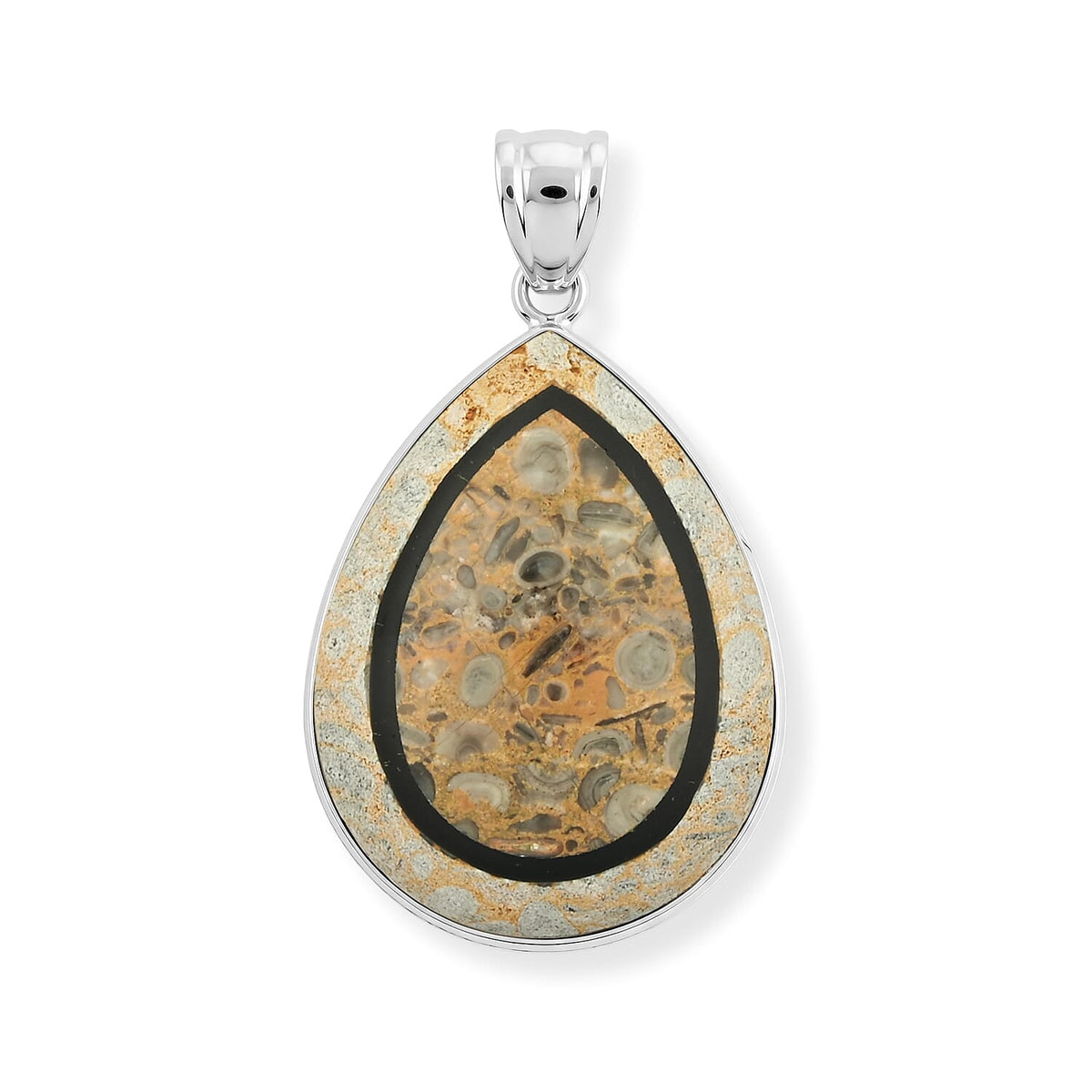 Crazy Lace Agate and Black Agate 55.00 ctw Pear Pendant without Chain in Stainless Steel