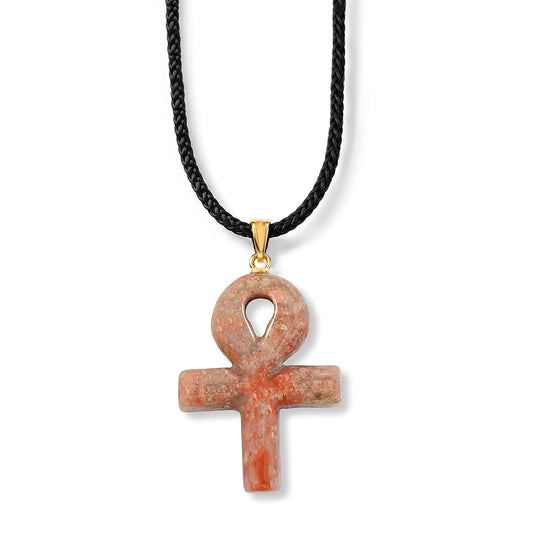 Blue Aventurine 17.50 ctw Ankh Cross Pendant with Rope Cord Necklace (24 Inches) in Goldtone