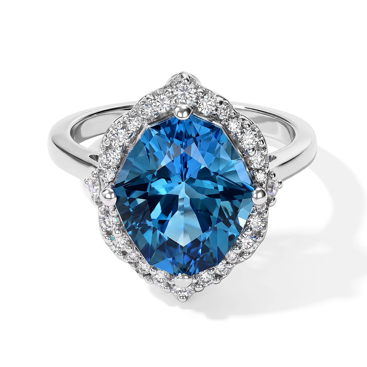 Certified and Appraised D'Joy Premium Fancy Marquee Cut Swiss Blue Topaz and Moissanite 8.10 ctw Ring in Rhodium Over Sterling Silver (Size 10.0)