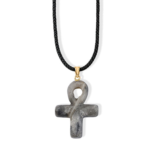 Blue Aventurine 17.50 ctw Ankh Cross Pendant with Rope Cord Necklace (24 Inches) in Silvertone