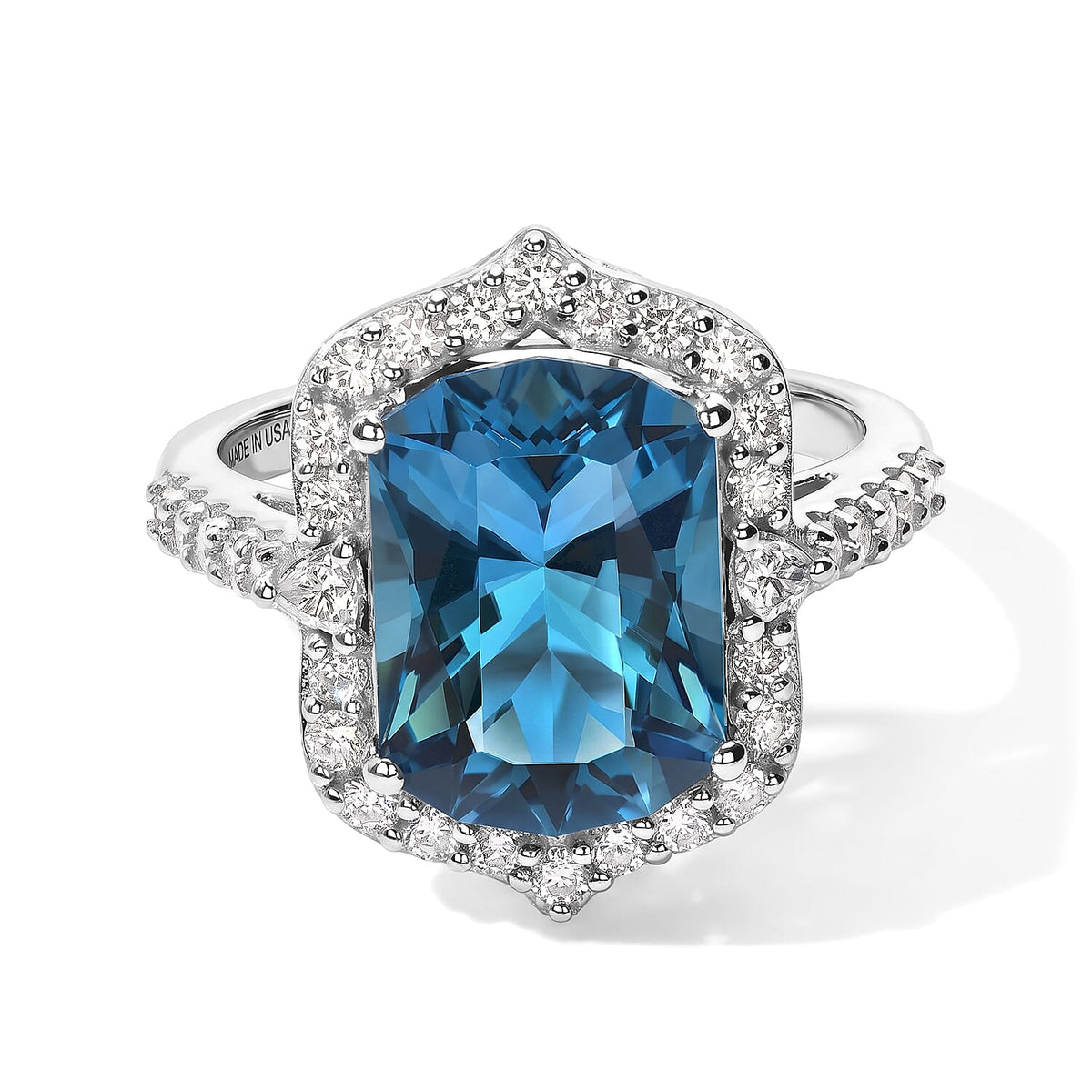 Certified & Appraised D''Joy Princess Cut Premium Swiss Blue Topaz, Moissanite Ring in Rhodium Over Sterling Silver (Size 10.0) 8.25 ctw