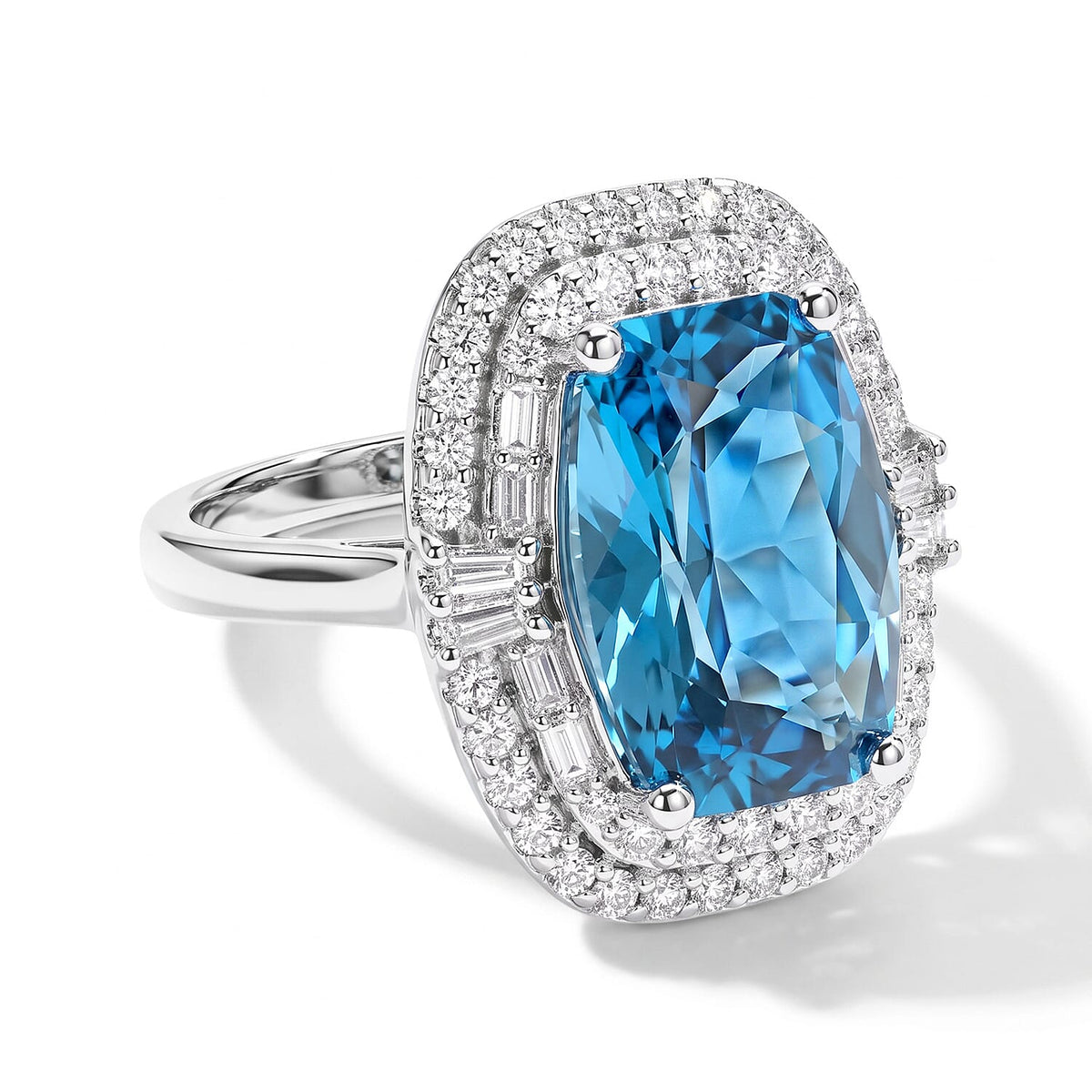 Certified and Appraised D''Joy Premium Swiss Blue Topaz, Moissanite Ring in Rhodium Over Sterling Silver (Size 10.0) 7.40 ctw