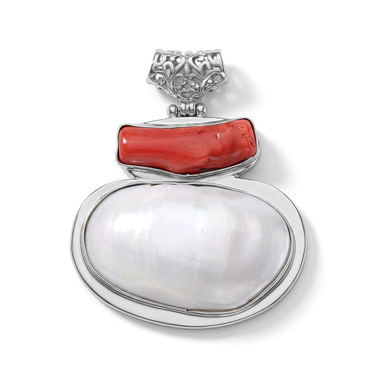 Shell and Red Coral Pendant without Chain in Silvertone
