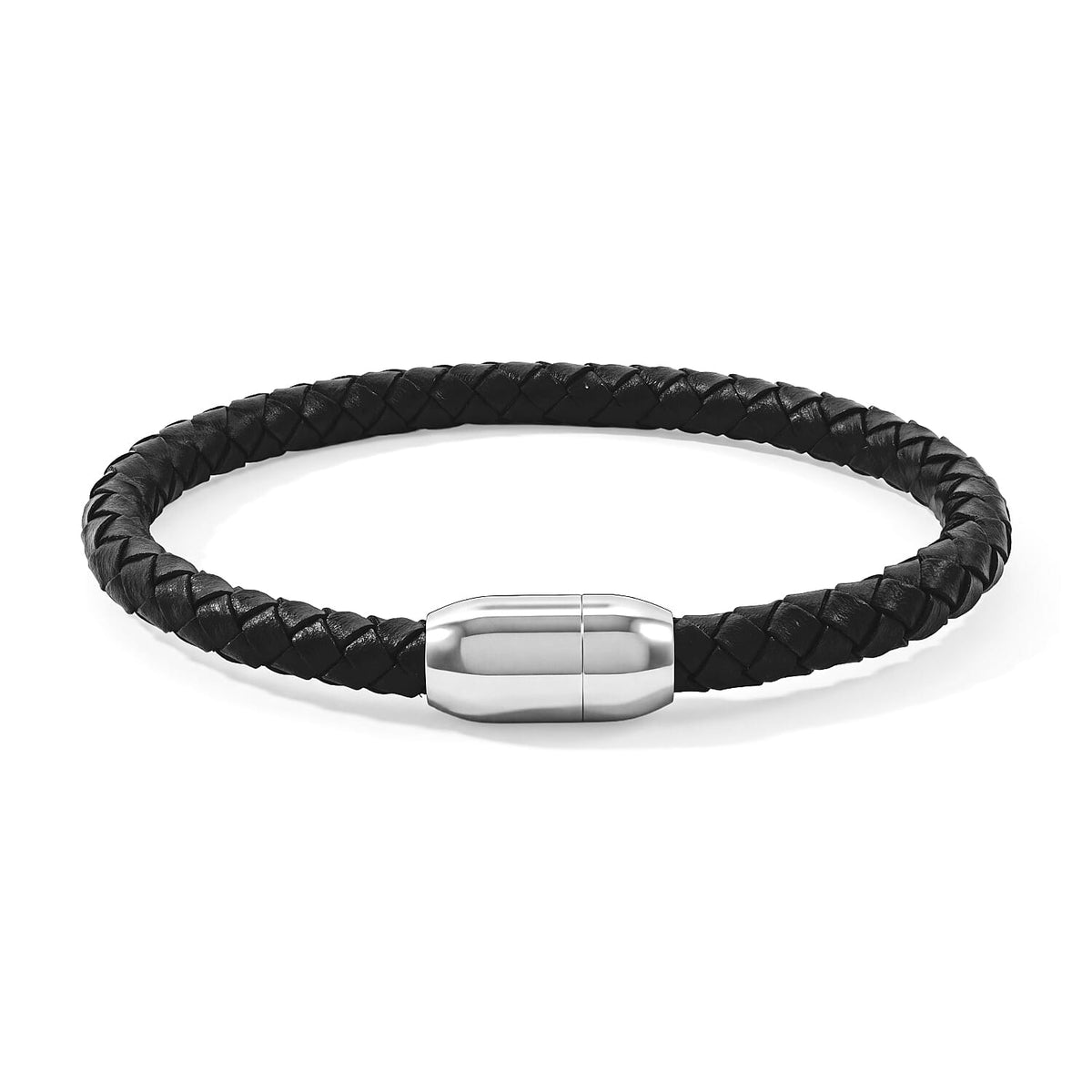 Magnetic Lock Black Leather Bracelet in Silvertone (7.00 Inch)