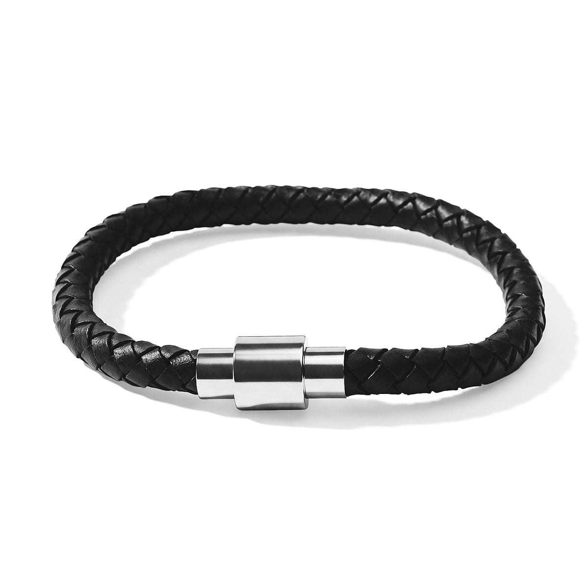 Magnetic Lock Black Leather Bracelet in Silvertone (7.00 Inches)