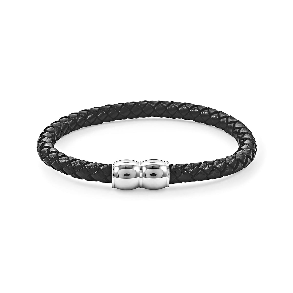Magnetic Lock Black Leather Bracelet in Silvertone(7.00 In)