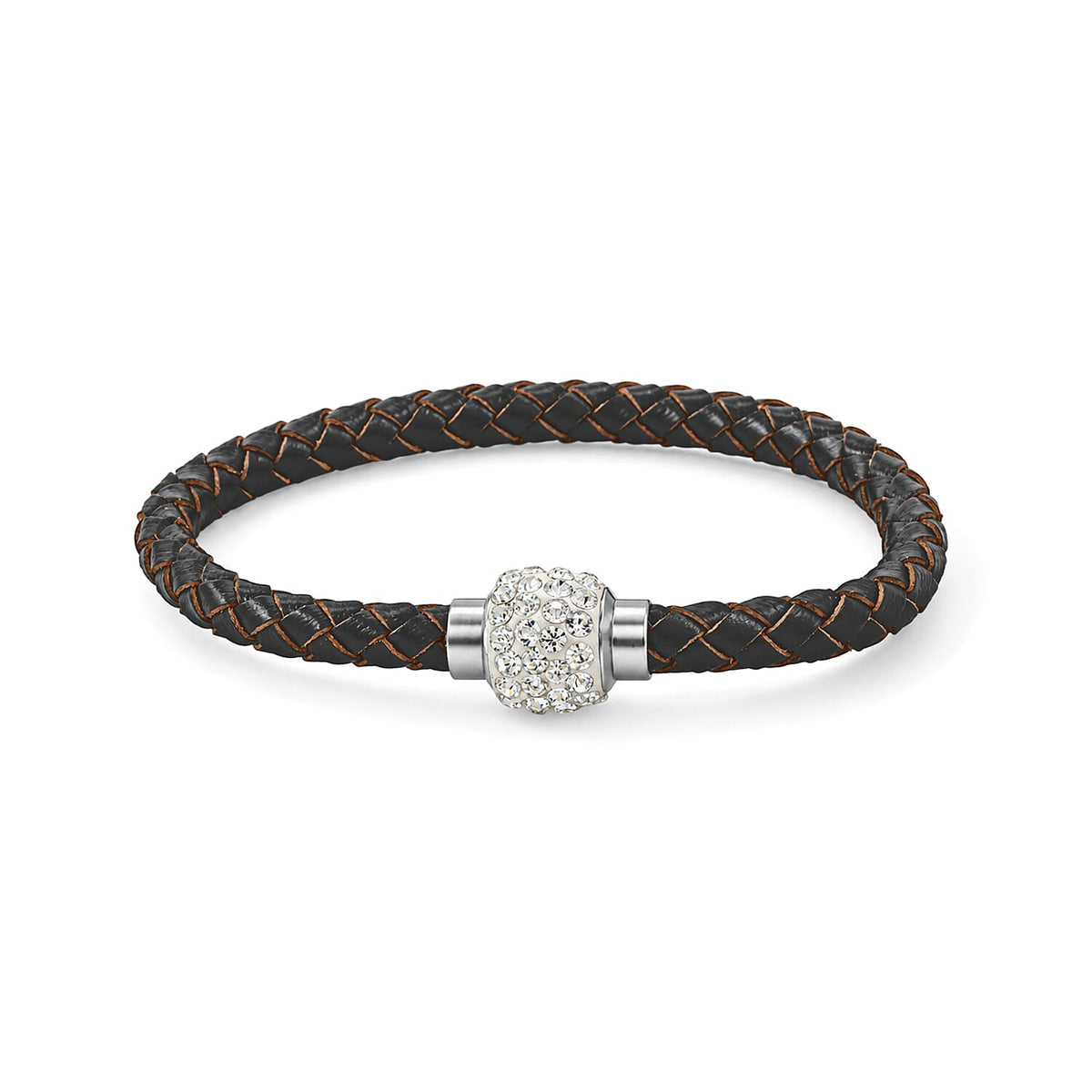 Magnetic Lock White Crystal Brown Leather Bracelet in Silvertone (7.00 In)