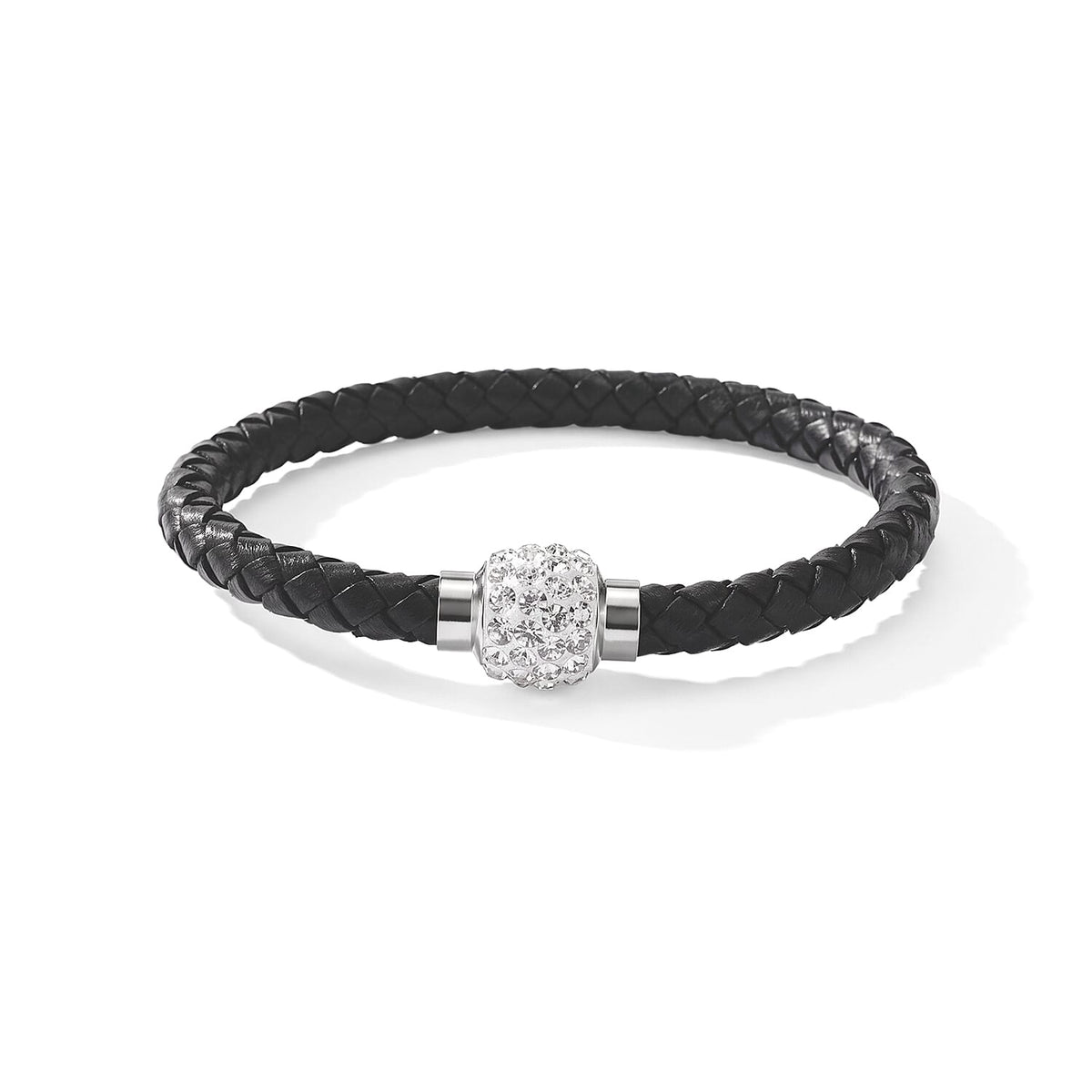 Magnetic Lock White Crystal Brown Leather Bracelet in Silvertone (7.00 In)
