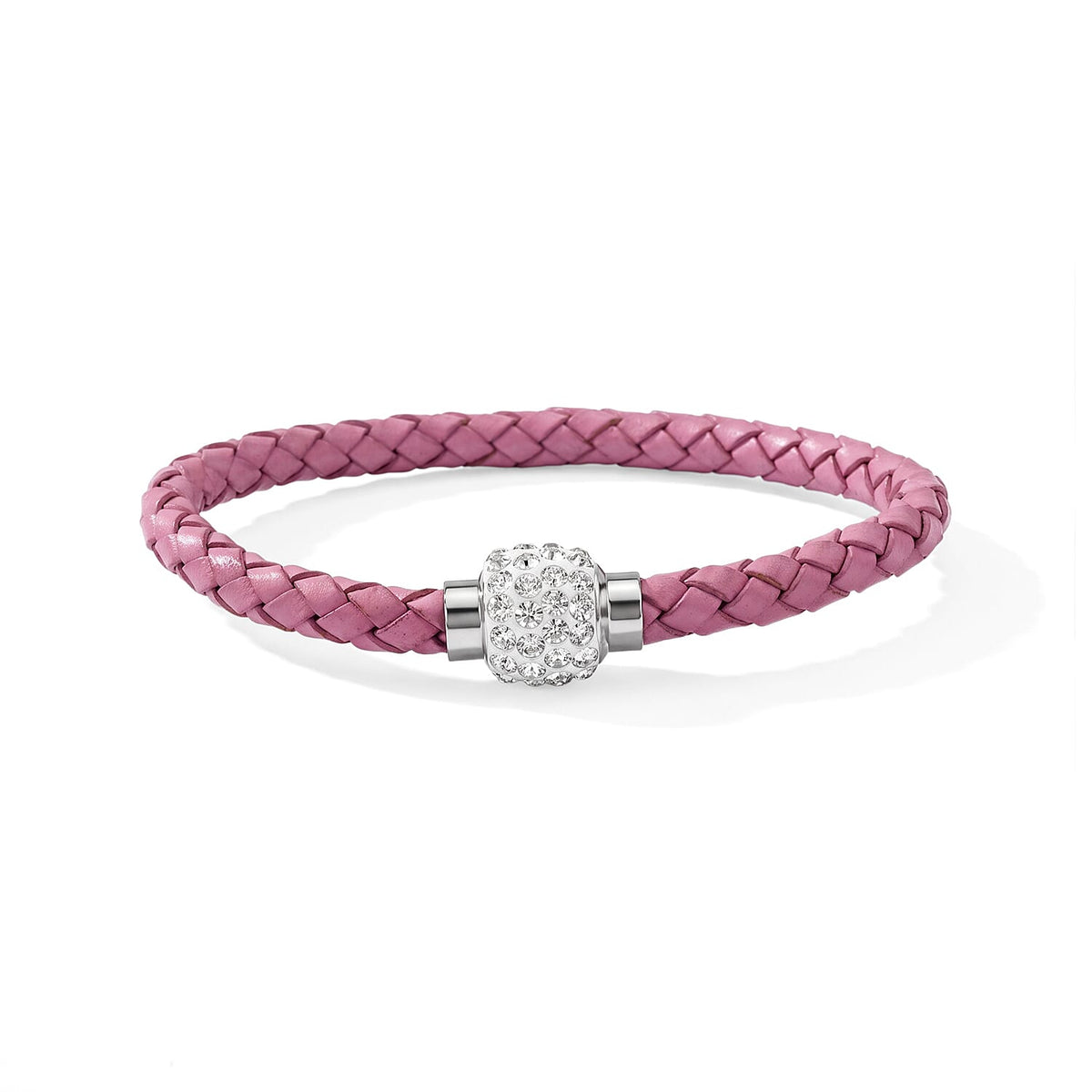 Magnetic Lock White Crystal Brown Leather Bracelet in Silvertone (7.00 In)
