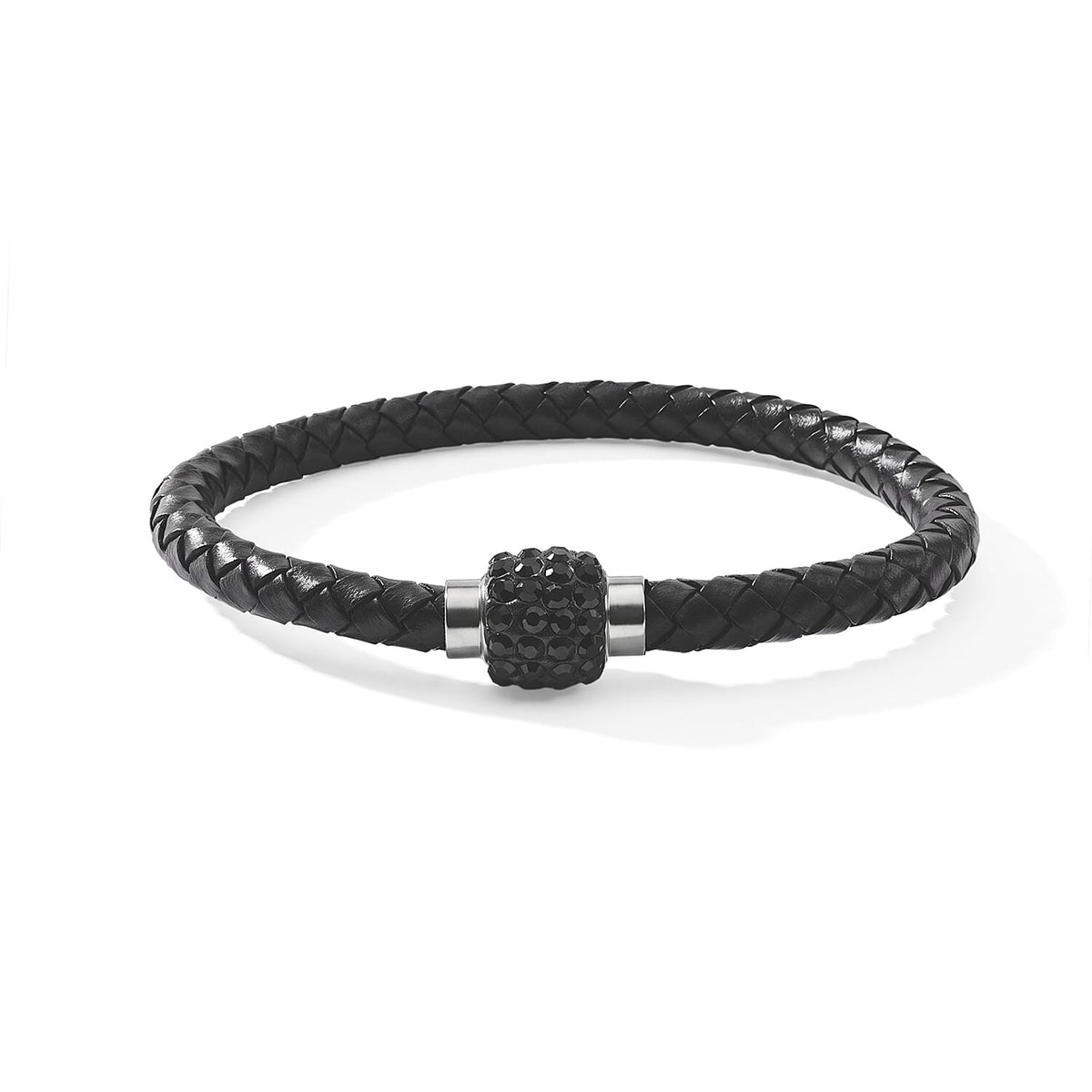 Magnetic Lock White Crystal Brown Leather Bracelet in Silvertone (7.00 In)