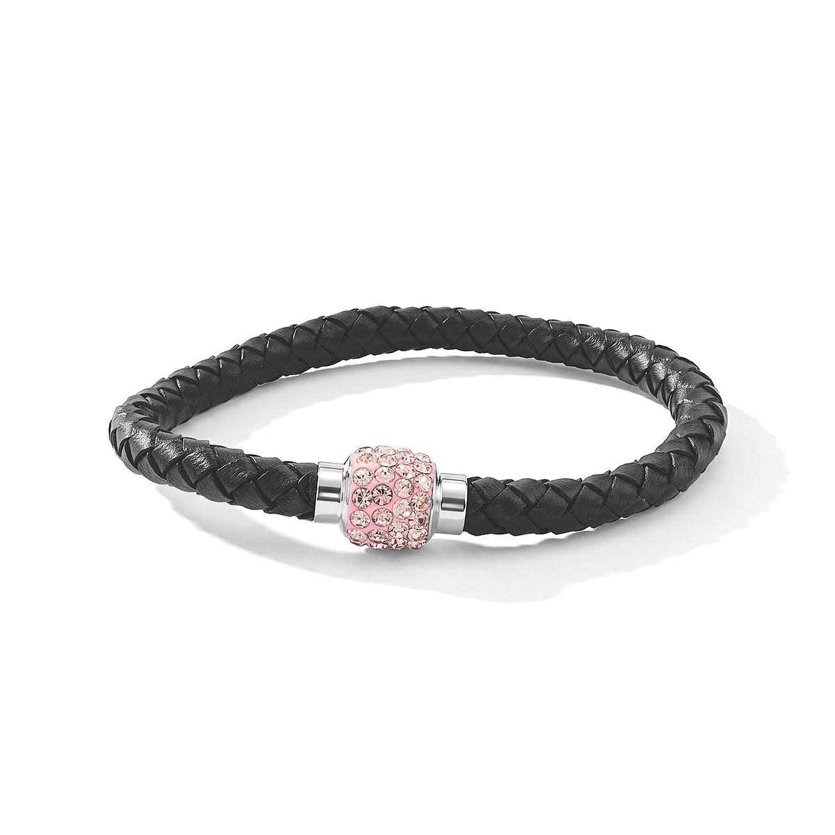 Magnetic Lock White Crystal Brown Leather Bracelet in Silvertone (7.00 In)