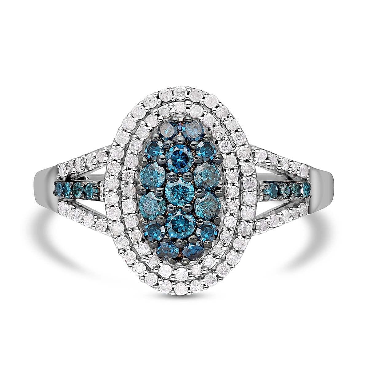 Blue and White Diamond Ring in Platinum Over Sterling Silver (Size 10.0) 1.02 ctw